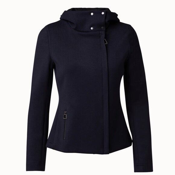 AKRIS NWT Women's Viscose Stretch Jersey Moto ELLYN Hooded Jacket Black Size 8 - Picture 1 of 11
